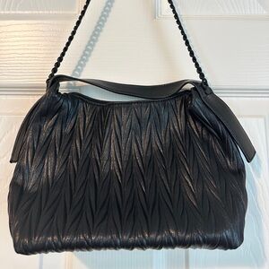 Madison West Black Pleated Shoulder Bag with Braided Strap